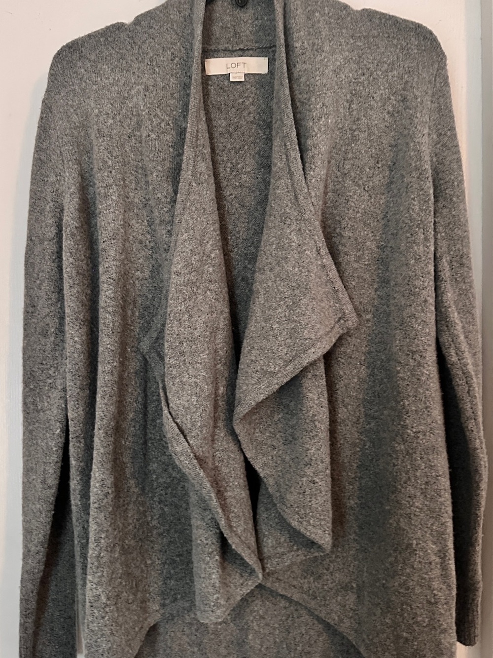 LOFT Heather Long Gray Draped Open Cardigan